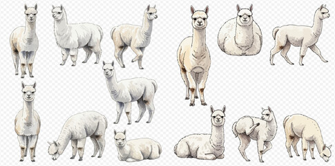 Collection of white alpacas in various poses, fluffy and cute animals on transparent background. © Ytaja