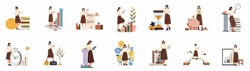 Fototapeta premium Set of financial management and investment concept illustrations featuring a professional woman managing savings, data, and growth.