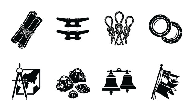 Nautical Icons Set: Marine Navigation, Maritime Symbols, and Sailing Equipment Vector Graphics
