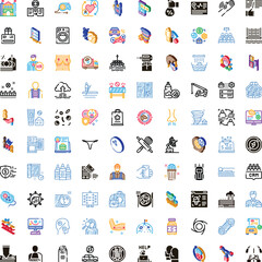 Naklejka premium Large collection of diverse isometric and outline styled icons representing various business concepts, social issues, services, consumer goods, and everyday life objects