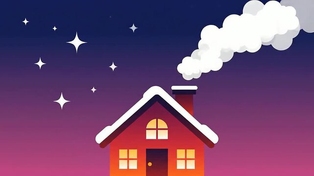 Smoke Coming Out Of House Chimney At Night Flat Cartoon Animation