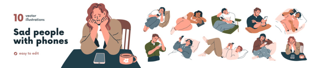 Obraz na płótnie Canvas Sad people with smartphones set. Upset depressed men, women in bad mood, waiting call, message, looking at phone screen with unhappy emotion. Flat vector illustrations isolated on white background
