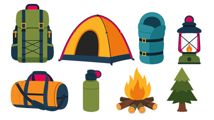 Camping equipment icon set with tent backpack campfire and lantern © Alan