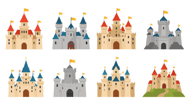 Set of colorful cartoon medieval castle vector illustrations