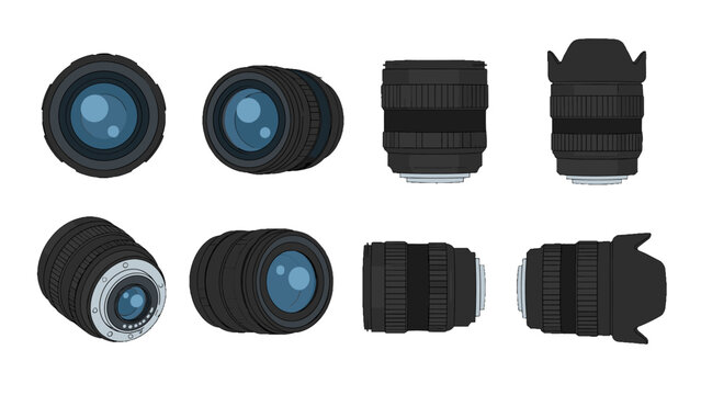 Set of camera lens icons in multiple views on white