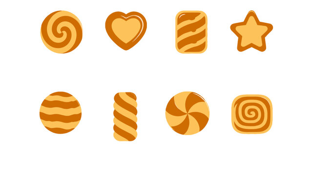 Set of orange striped and shaped lollipop candy illustrations