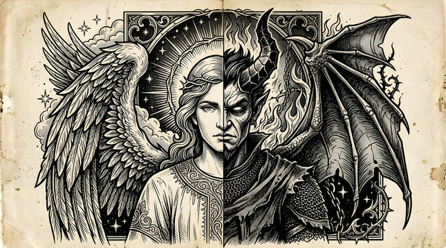 Woodcut style illustration of a split face angel and devil hybrid