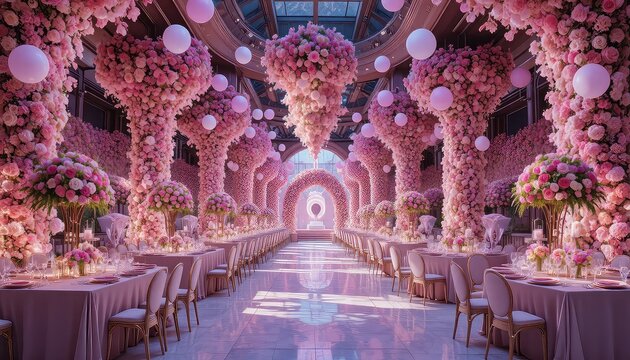 Extravagant floral wonderland banquet with towering flower columns, pastel balloons, luxurious dessert stations, romantic indoor lighting