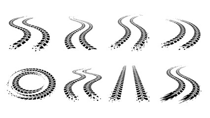 Set of black grunge tire track marks on white background © Alan