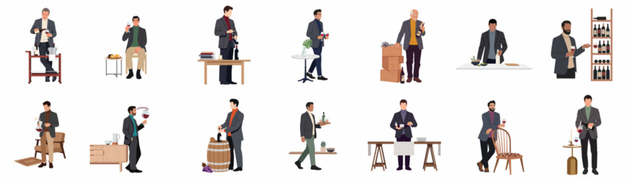 Collection of flat vector illustrations depicting various men as sommeliers and wine enthusiasts tasting, pouring, and serving different types of wine.