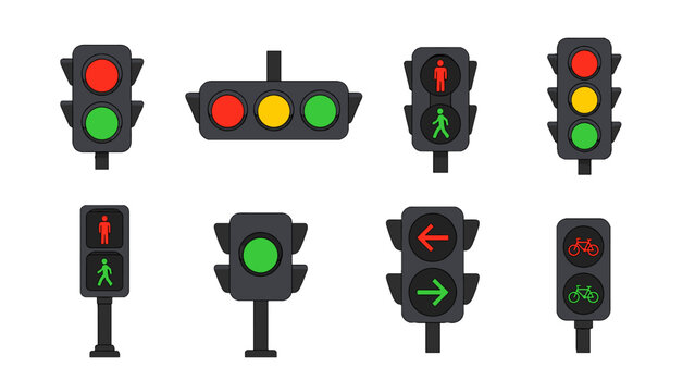 Set of traffic light and pedestrian signal vector icons