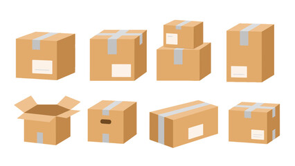 Fototapeta premium Set of cardboard shipping boxes in different shapes and views