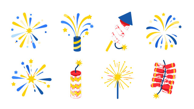 Set of colorful fireworks and firecracker vector illustrations