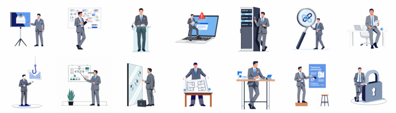 Set of professional businessman character illustrations depicting cybersecurity, data protection, corporate strategy, office work, and business presentations in various modern scenarios.