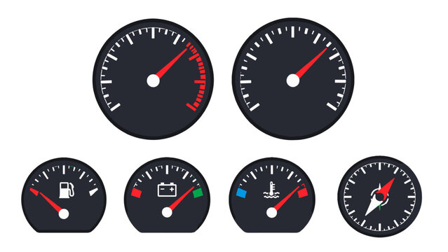 Car dashboard gauge set with speedometer and indicator dials
