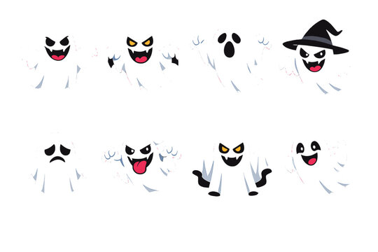 Set of cute cartoon ghost characters with different expressions