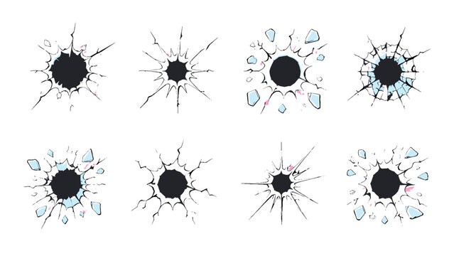 Set of cracked bullet hole and shattered glass vector elements