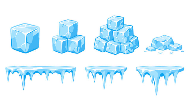 Cartoon ice cubes and icicle borders set on white background