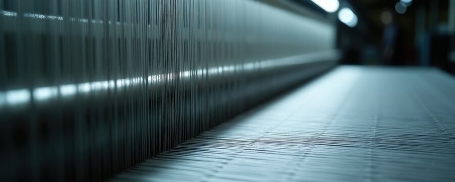 Modern textile weaving loom with many fine vertical threads. Machine creates fabric on a factory floor. Industrial production, manufacturing process, textile art.
