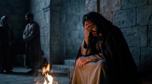 Man as biblical figure sitting and covering face with hand in sorrow near fire in stone room. Religious scene representing suffering of Christ. Historical drama and faith concept.