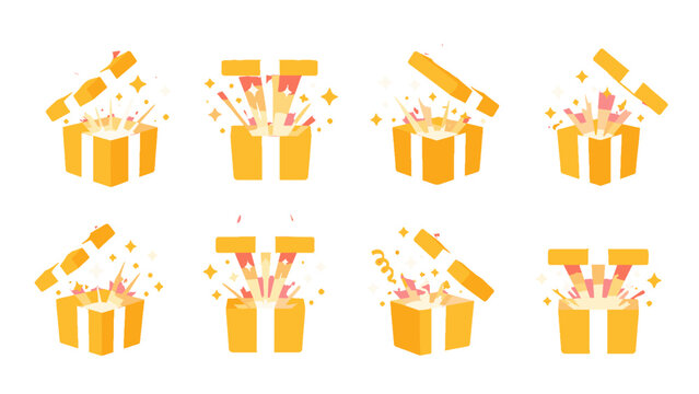 Set of golden gift box surprise icons with confetti bursts