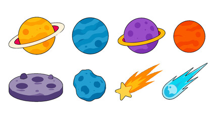 Cartoon space planets asteroid and meteor icon set © Alan