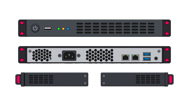 Rack server front back and side views vector illustration