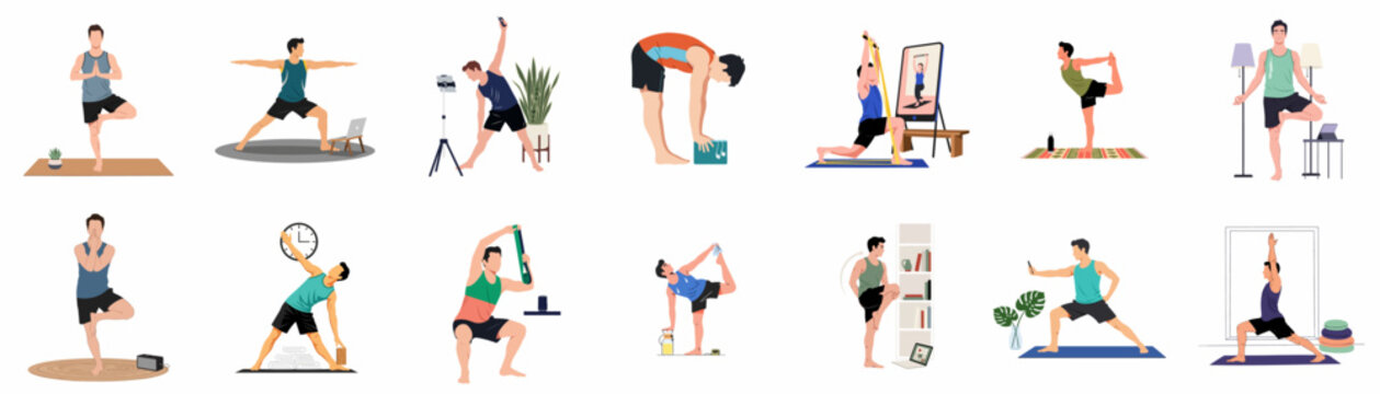 Collection of flat vector illustrations featuring a man practicing various yoga poses and home workouts with digital devices and fitness equipment.
