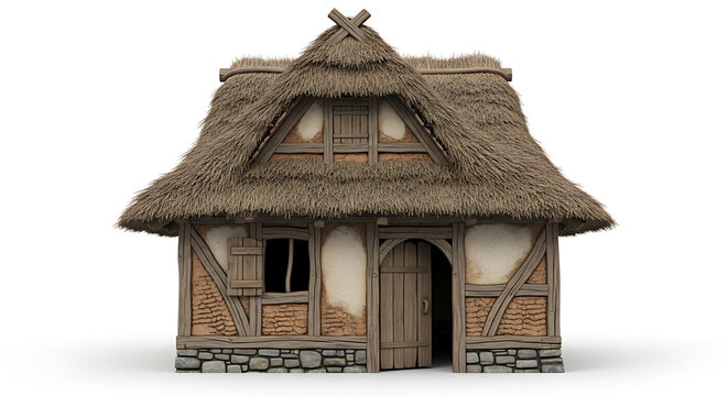 Tiny thatched-roof medieval cottage model isolated on a transparent background, thatched roof cottage