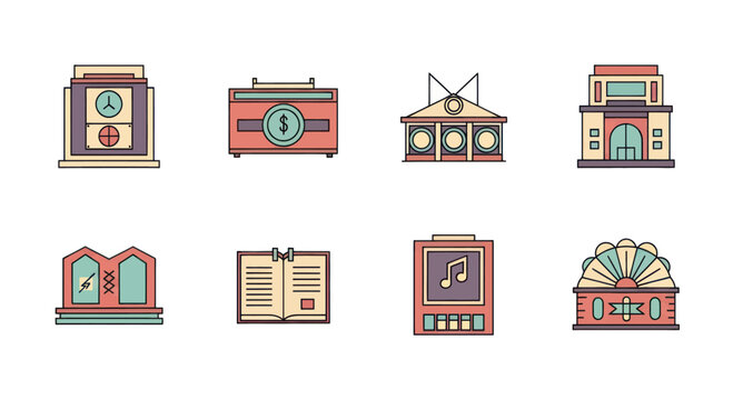 Colorful cartoon collection of buildings including clock tower, bank, concert hall, courthouse, and more for cityscape or architecture design projects