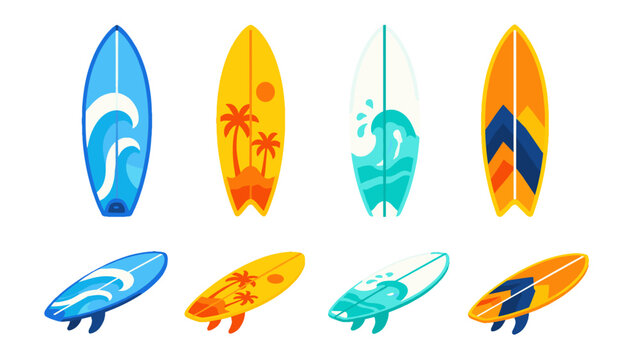 Set of colorful surfboards with wave, palm, and geometric designs