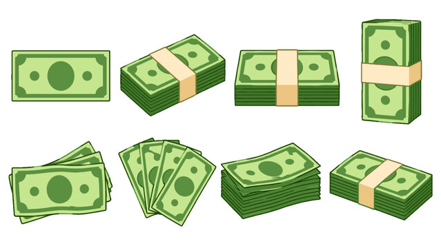 Cartoon green money bills and cash stacks set