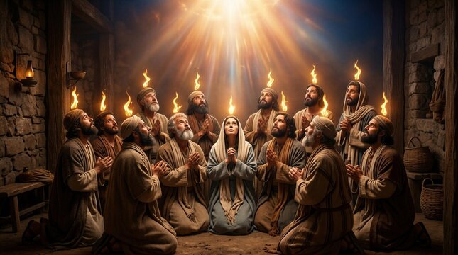 Pentecost event with woman and group of man praying in upper room with holy spirit fire above their heads. Biblical scene of Apostles and Virgin Mary receiving gift of divine grace.