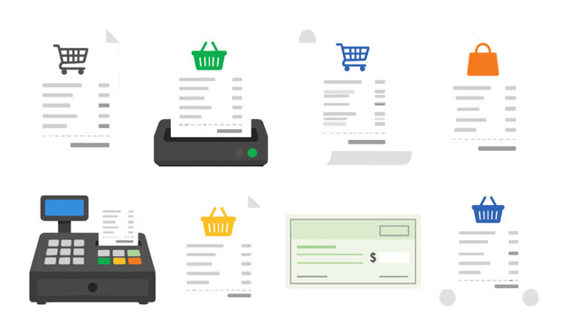 Shopping receipt and payment icons collection in flat vector style