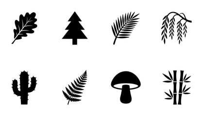 Nature Icons Set: Oak Leaf, Pine Tree, Palm Frond, Willow, Cactus, Fern, Mushroom, Bamboo © Mobarok