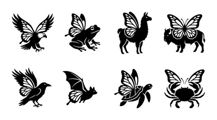Whimsical Winged Creatures Vector Icons: Eagle, Frog, Llama, Bison, Raven, Bat, Turtle, Crab © Mobarok