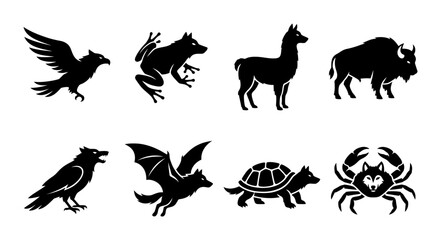 Diverse Wildlife Silhouettes: Bird, Frog, Llama, Bison, Raven, Bat, Turtle, Crab Icons © Mobarok