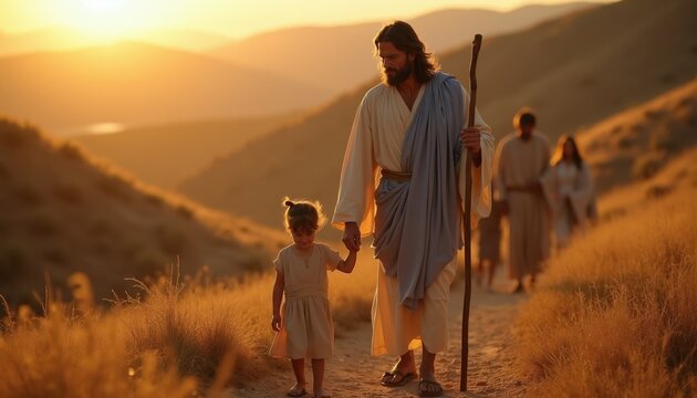 Jesus leads child and followers on desert path at sunset. Man in robe walks holding stick, guiding group through dry hills. Spiritual journey, faith, teaching, hope.