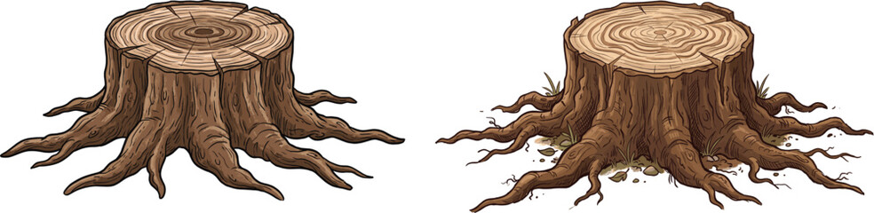 Detailed illustration of two realistic tree stumps with exposed roots and wood grain texture isolated on white background © HASAN