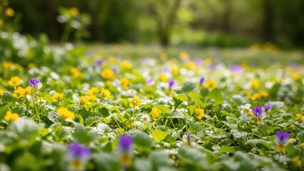 Fototapeta premium Colorful field of spring wildflowers in lush green meadow