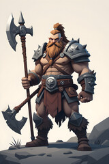 Naklejka premium Muscular Viking Warrior with Double Axe on Rocky Terrain