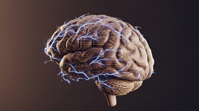 Human brain with glowing circuits and electrical neural impulses