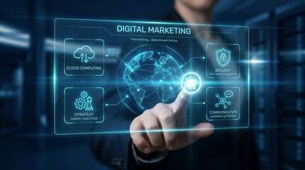 Naklejka premium Digital Marketing Strategy and Global Reach of Online Business Operations