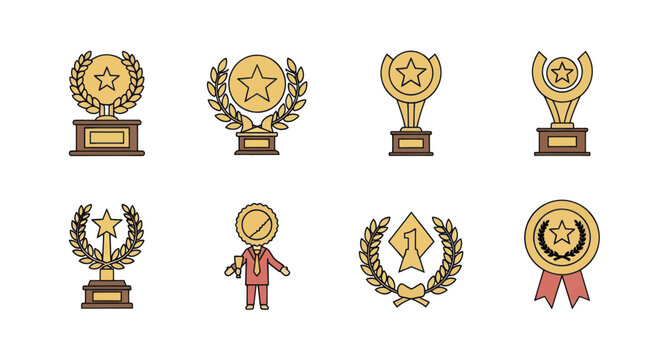 Set of cartoon-style award trophies, medals, ribbons, and winner characters, recognition prizes, achievement symbols, celebration decorations, and success awards