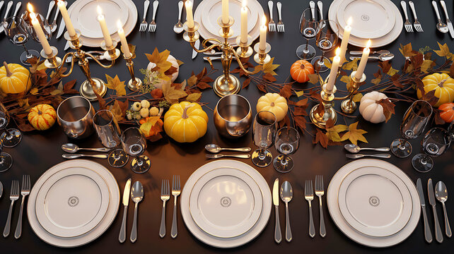 Autumn Thanksgiving table setting, elegant dinner table, fall decorations, seasonal centerpiece