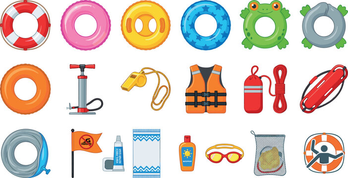 Water Safety and Summer Swimming Pool Float Vector Set Featuring Life Jacket Swim Rings Whistle Rescue Buoy Goggles and Sunscreen for Beach Designs