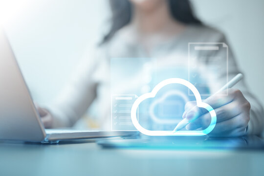 Professional working with cloud computing technology interface, managing digital files, secure data storage, network infrastructure, and online collaboration.