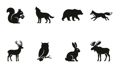 Fototapeta premium 8 Forest Animal Silhouettes icons, flat, for nature and wildlife design