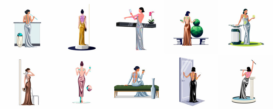 A collection of futuristic illustrations featuring elegant women in shimmering backless evening gowns with glowing technological spine details and high-tech accessories.