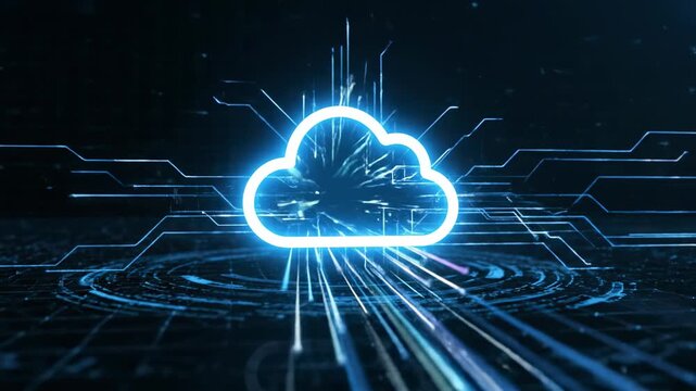 Glowing cloud icon with data streams against a dark, futuristic background